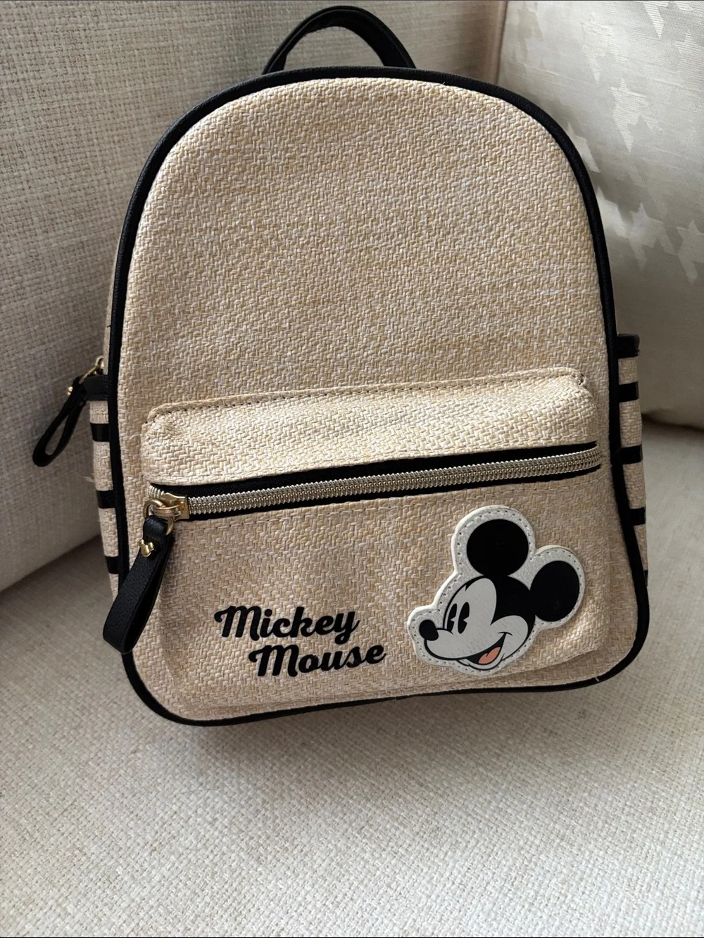 Mickey Mouse Beige Straw Crossbody Bag with Black Trim for kids - Picture 1 of 12